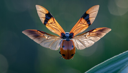 Close-up of a ladybug flying with transparent, patterned wings.