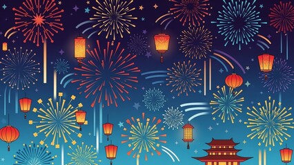 Fireworks and lanterns against a night sky
