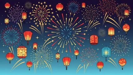 Fireworks and lanterns against night sky