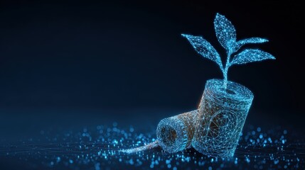 A digital artwork represents the essence of eco-consciousness. The image focuses on a sprout emerging from a fallen watering can. ..Created with Generative AI, not depicting real subjects.