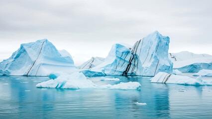 Icebergs floating in calm ocean water.