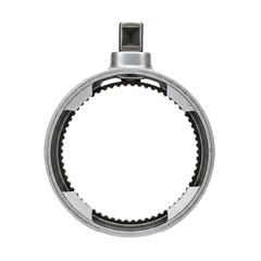 Overhead shot of a chrome tool with a square drive, surrounding a circular gear mechanism. Isolated on black