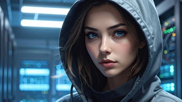 Mysterious Woman in a Hooded Jacket Posing in a Server Room.