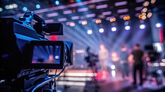 News studio blurred behind video camera concept. Professional studio setup with cameras and vibrant lighting.