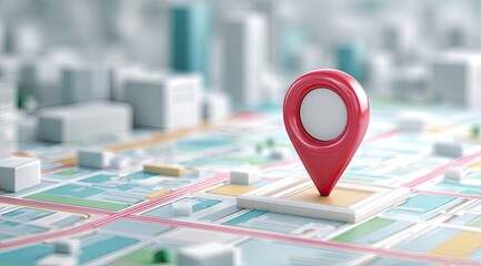 Red pin on a light-colored map highlighting a location in a blurred city