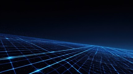 A futuristic digital landscape with a glowing blue grid representing data flow in a dark atmosphere. ..Created with Generative AI, not depicting real subjects.
