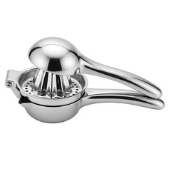 Polished, gleaming metal citrus press, a kitchen tool for squeezing fruit. Its design shows a pressing dome over a strainer bowl and handles