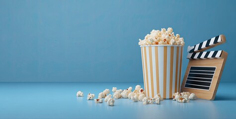 Popcorn spills next to an open clapboard, on a soft blue surface