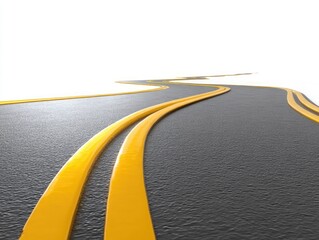 Winding asphalt road with yellow lines against a bright white background