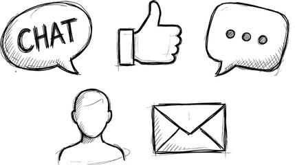 Communication icon set, sketch style, hand-drawn chat bubble, thumbs up, message dots, user profile, envelope, social media