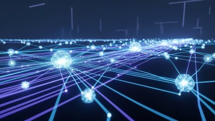 Futuristic blue global communication network design with glowing digital connection points on an abstract star background