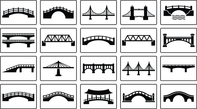 Bridge icon set, black vector style, suspension, arch, beam, truss, cable-stayed, ornamental, engineering, architecture, infrastructure