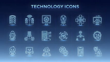 Collection of modern technology icons in neon blue on gradient background