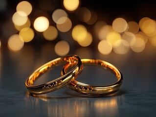 Two golden wedding bands rest atop a reflective surface; bokeh light background