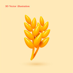 3D vector illustration of wheat grain in smooth glossy style. Perfect for bakery branding, organic food apps, and harvest designs. Professional agricultural graphic.