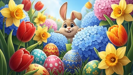 Whimsical Spring Garden Easter Egg Hunt Scene - Playful Holiday Background for Kids
