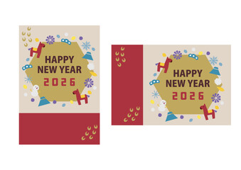 年賀状テンプレート 2頭の馬　可愛いベクターイラストフレーム素材　2025 新年の挨拶カード