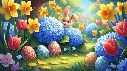 Whimsical Spring Garden Easter Egg Hunt Scene - Playful Holiday Background for Kids

