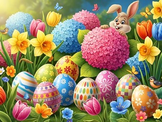 Whimsical Spring Garden Easter Egg Hunt Scene - Playful Holiday Background for Kids
