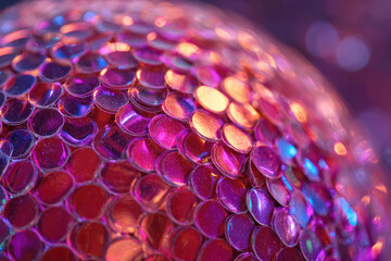 Glittery disco ball macro image features vibrant pink and purple reflective surfaces creating festive and energetic atmosphere with shimmering light effects and colorful bokeh background