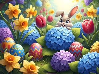 Whimsical Spring Garden Easter Egg Hunt Scene - Playful Holiday Background for Kids
