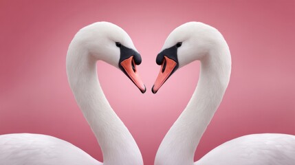 Fototapeta premium Elegant Swans Forming a Heart Shape Against a Soft Pink Background for Romantic Themes