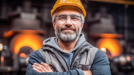 The experienced worker in a factory smiles proudly, showcasing his expertise and dedication.