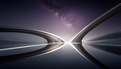 Fototapeta premium Futuristic abstract landscape with reflective surface under starry sky.