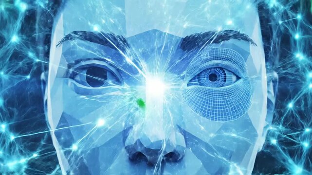 A captivating close-up of a stylized, low-polygon humanoid face rendered in cool blue tones, suggesting a sophisticated digital entity or artificial intelligence. Bright horizontal lines of light stre