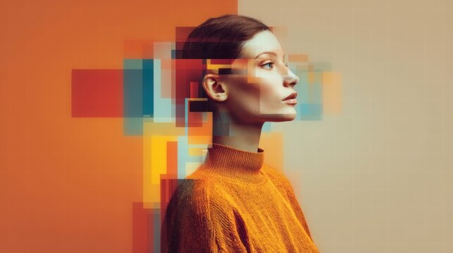 This image features a woman's profile with overlaid geometric shapes in vibrant colors.