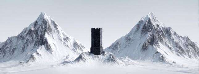 Tower stands between snowy mountain peaks under a bright, cloudy sky