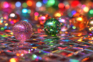 Glittery disco ball macro image features vibrant colorful spheres reflecting light on shiny mosaic surface creating festive and joyful atmosphere with sparkling bokeh background
