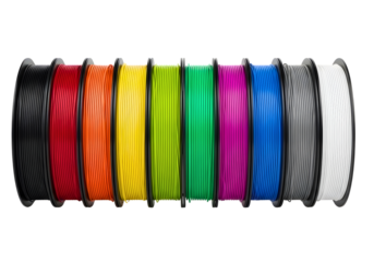 Colorful 3d printer filament spools isolated on transparent background