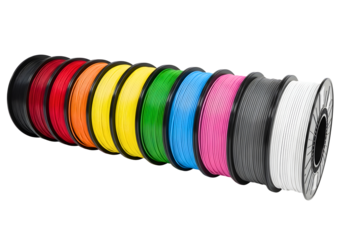 Colorful 3d printer filament spools isolated on transparent background