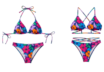 Four piece swimsuit set with colorful floral print design isolated on transparent background