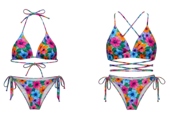 Four piece swimsuit set with colorful floral print design isolated on transparent background