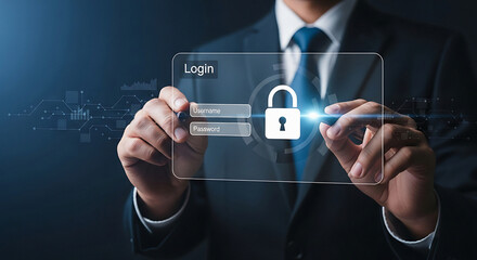 Person in suit interacting with a digital login screen featuring a padlock symbol digital screen