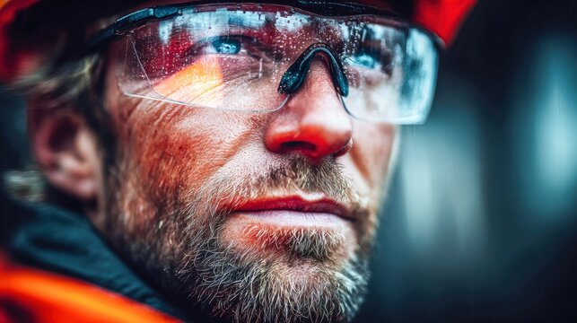 Serious construction worker with safety glasses looking into the distance.