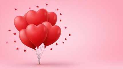 Colorful red heart balloons floating against a soft pink background creating a romantic and festive atmosphere for celebrations