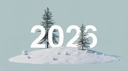 
A snow covered hill with two trees and the number twenty-six in white letters
