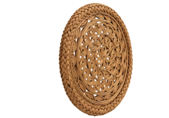 Woven rattan placemat with intricate floral pattern isolated on transparent background