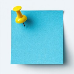 Blue square sticky note attached to white background with a yellow push pin