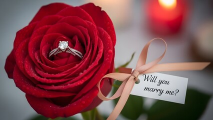 Romantic marriage proposal with rose and ring