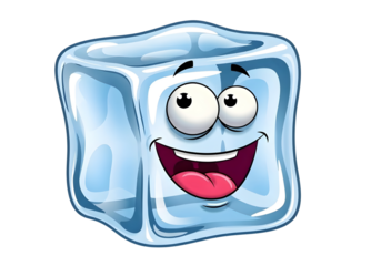 A cartoon blue ice cube with a smiling face and tongue out isolated on transparent background