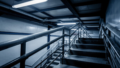 Fototapeta premium A dimly lit staircase with metal railings in an industrial building viewed from below
