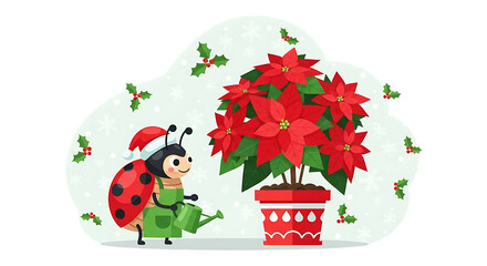 Whimsical illustration features a ladybug wearing a Santa hat, watering a poinsettia. Snowflakes and holly adorn a light green background