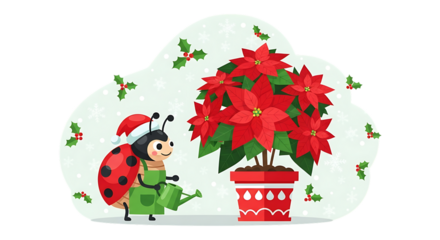 Whimsical illustration features a ladybug wearing a Santa hat, watering a poinsettia. Snowflakes and holly adorn a light green background