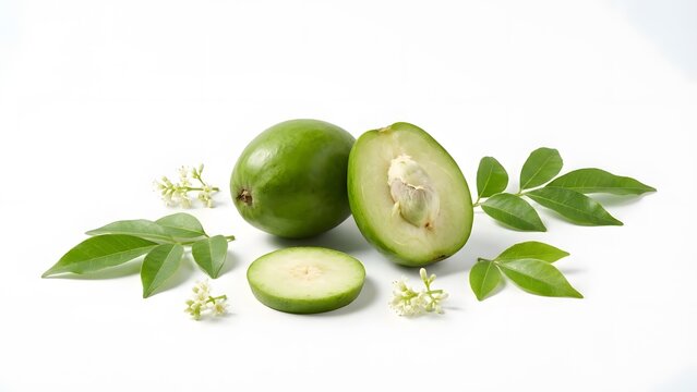 Green Spondias Dulcis Fruit Halved with Leaves and Flowers