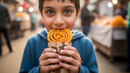 Boy eating pastry at market stall.