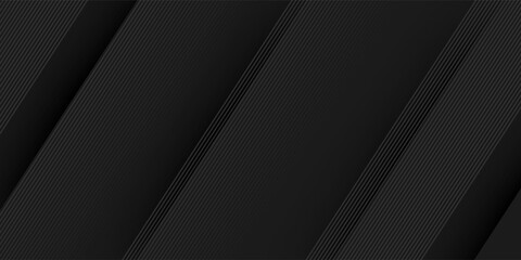 Black abstract background design. Modern wavy line pattern (guilloche curves) in monochrome colors. Premium stripe texture for banner, business backdrop. Dark horizontal vector template